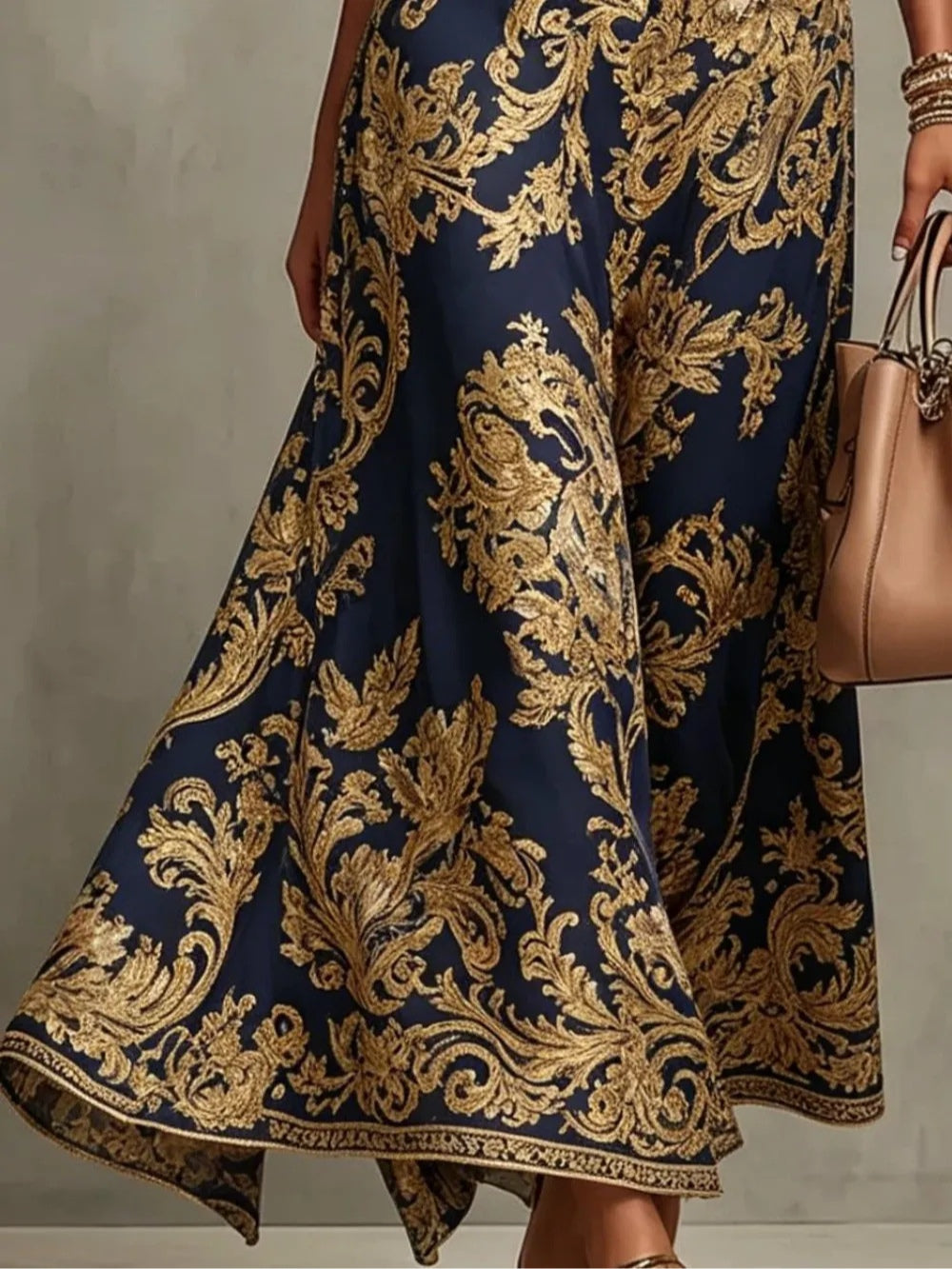 Navy Blue And Gold Baroque Print Halter Neck Sleeveless Maxi Dress