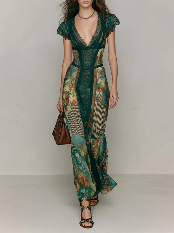 Green Retro Ethnic Print Lace-trimmed Maxi Dress