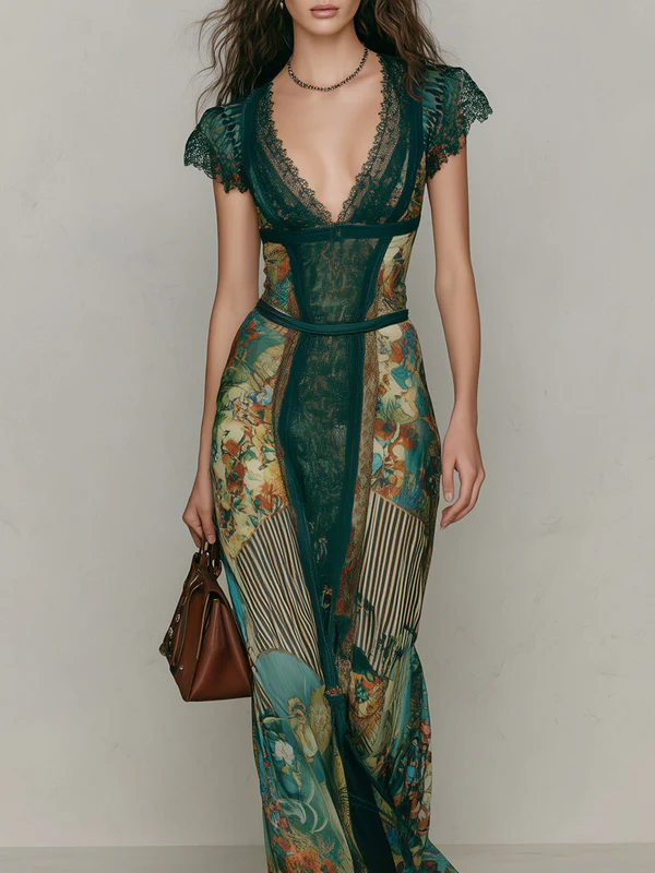 Green Retro Ethnic Print Lace-trimmed Maxi Dress