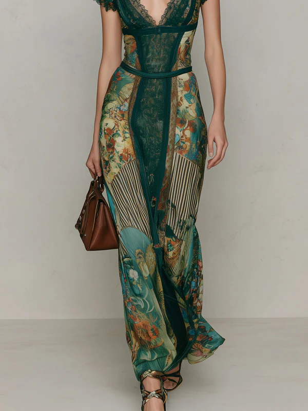 Green Retro Ethnic Print Lace-trimmed Maxi Dress