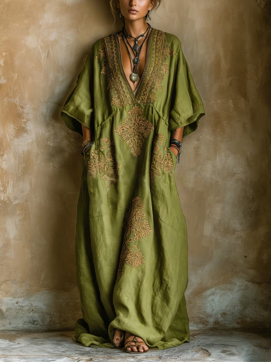 Grass Green And Gold Totem Print Loose-fitting Kaftan Maxi Dress