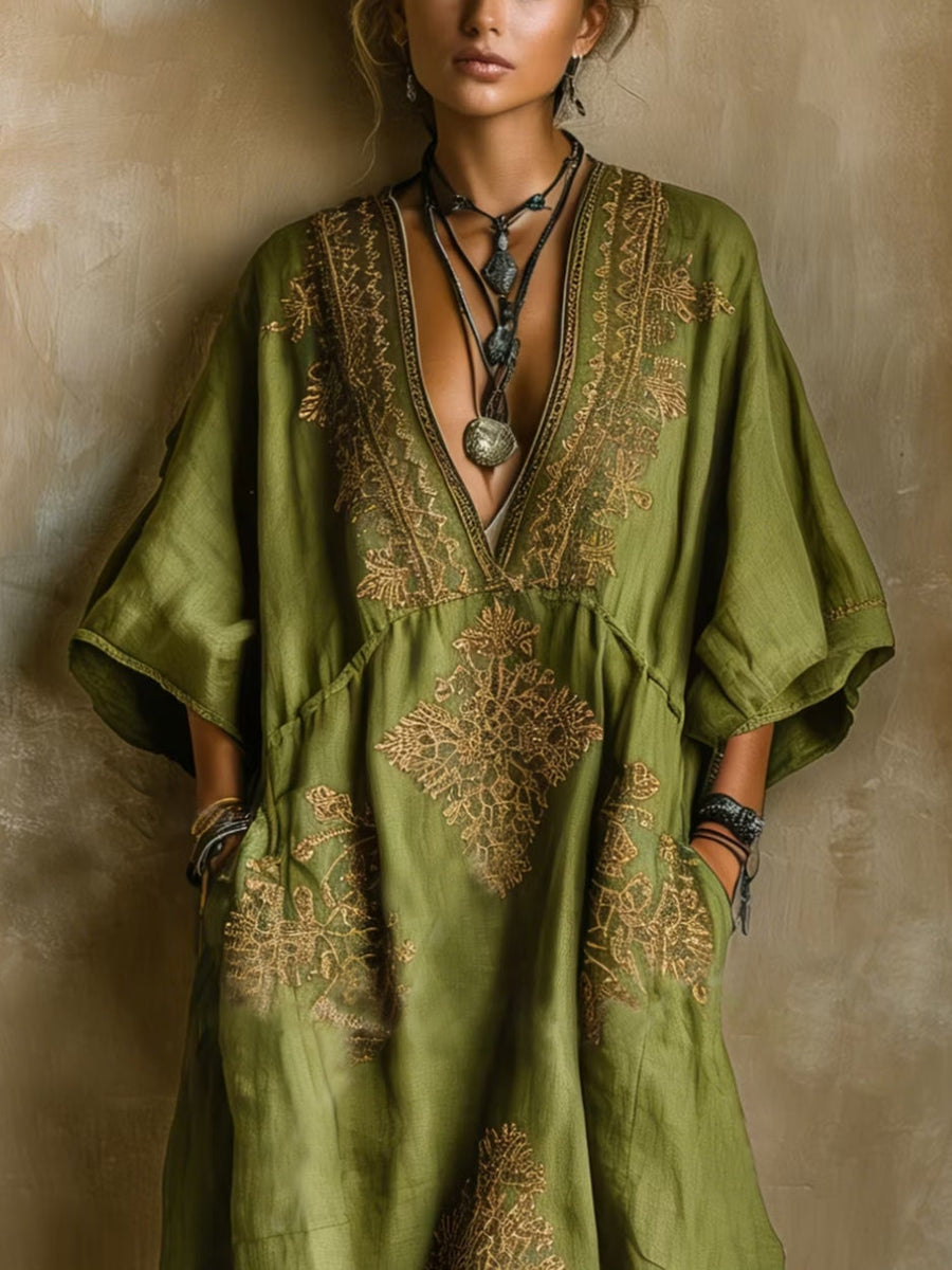 Grass Green And Gold Totem Print Loose-fitting Kaftan Maxi Dress