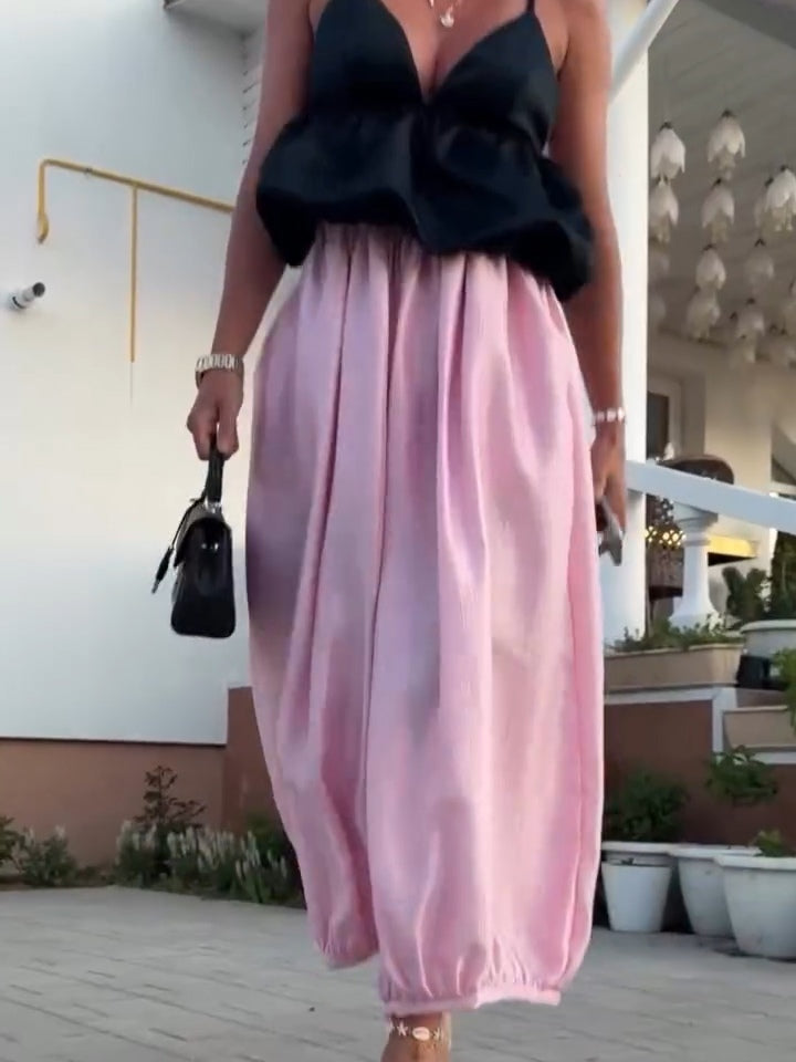 Black Satin Spaghetti Strap Top And Pink Harem Pants Set
