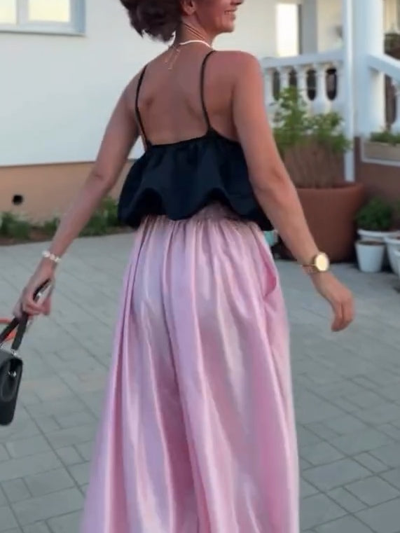 Black Satin Spaghetti Strap Top And Pink Harem Pants Set