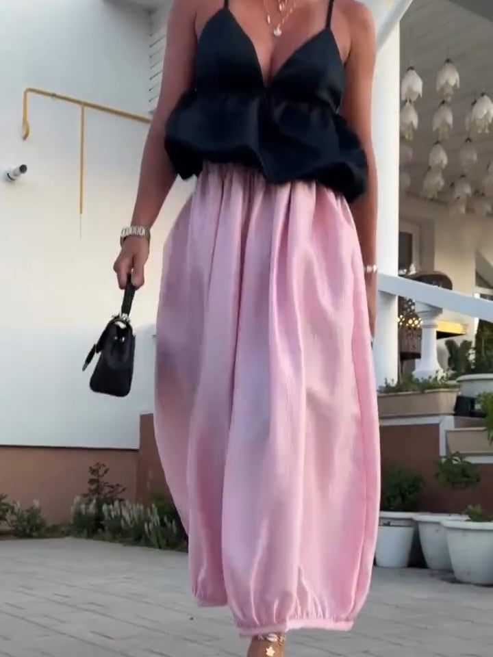 Black Satin Spaghetti Strap Top And Pink Harem Pants Set