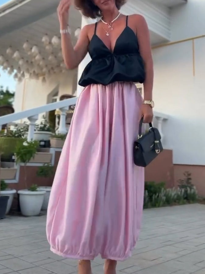 Black Satin Spaghetti Strap Top And Pink Harem Pants Set