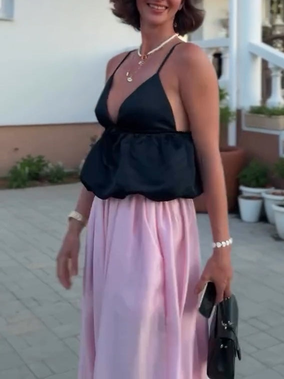 Black Satin Spaghetti Strap Top And Pink Harem Pants Set