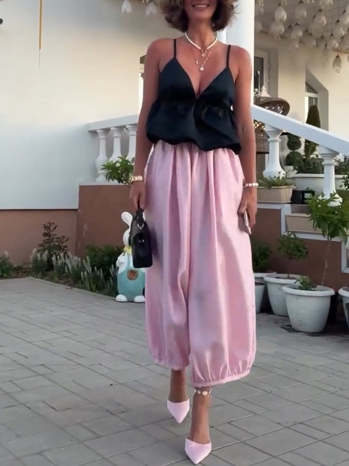 Black Satin Spaghetti Strap Top And Pink Harem Pants Set