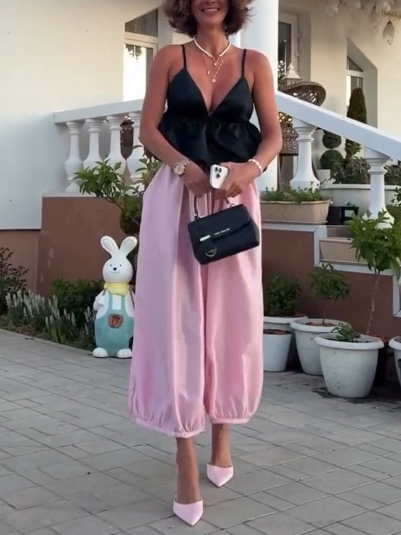 Black Satin Spaghetti Strap Top And Pink Harem Pants Set