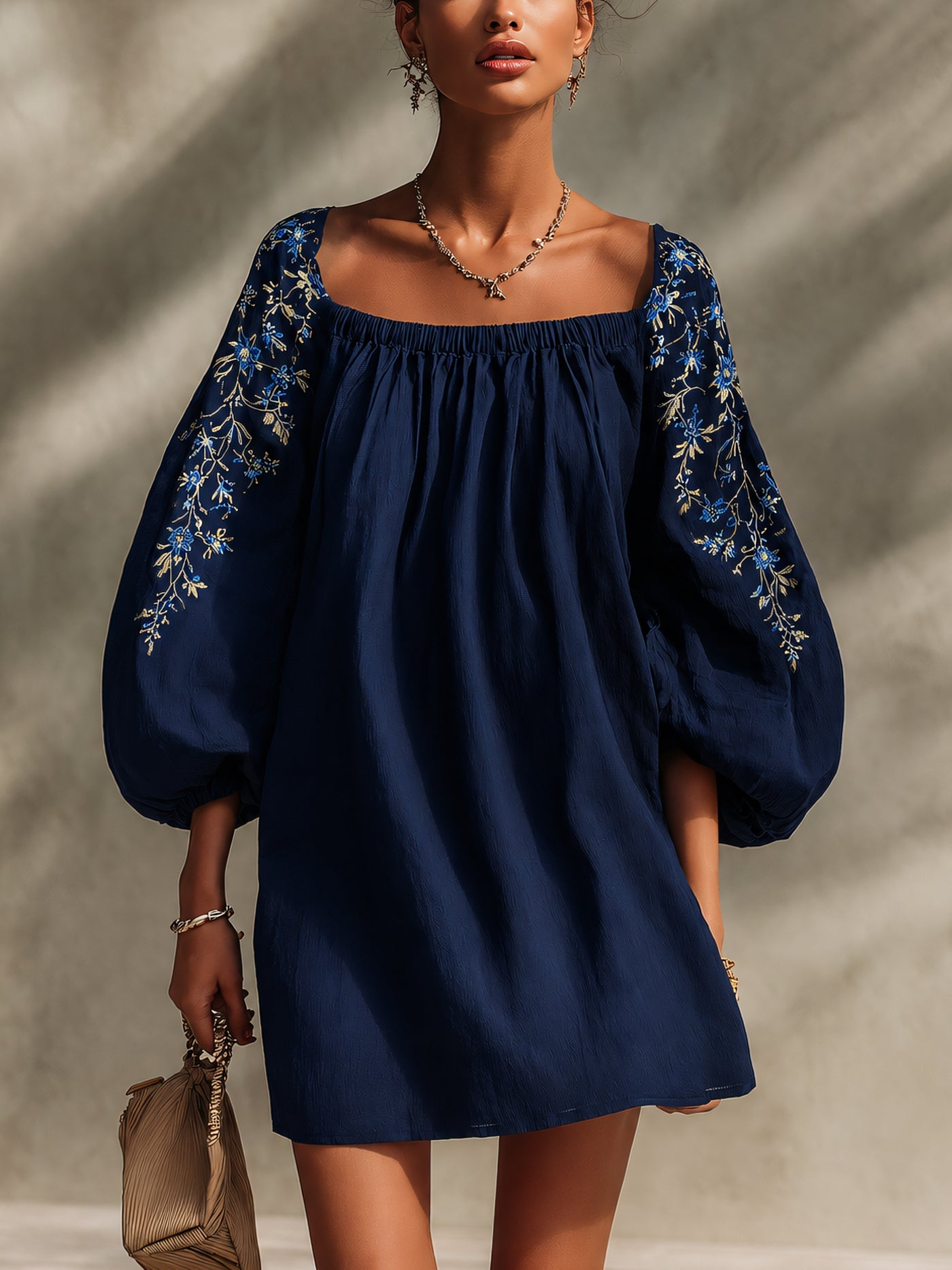 Navy Blue Embroidered Floral Puff Sleeve Mini Dress