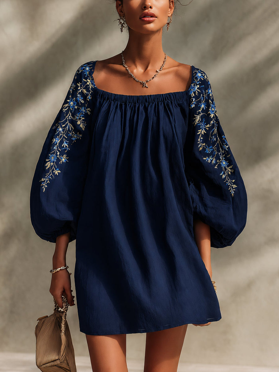 Navy Blue Embroidered Floral Puff Sleeve Mini Dress
