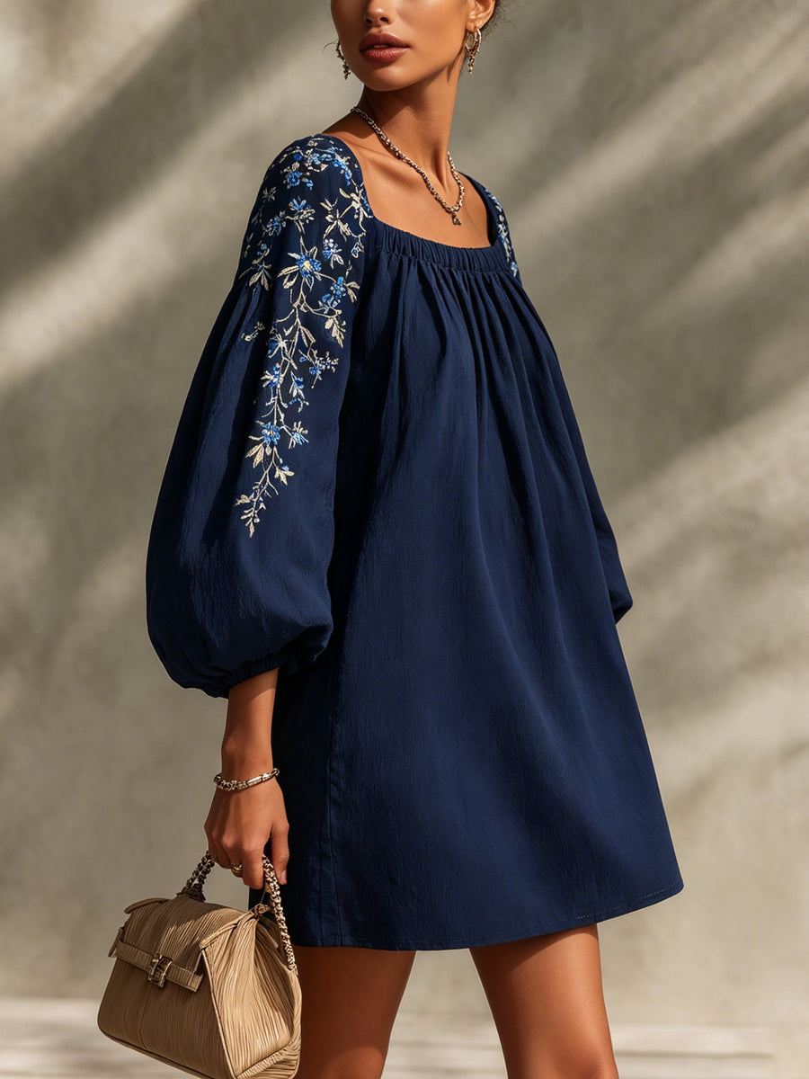 Navy Blue Embroidered Floral Puff Sleeve Mini Dress