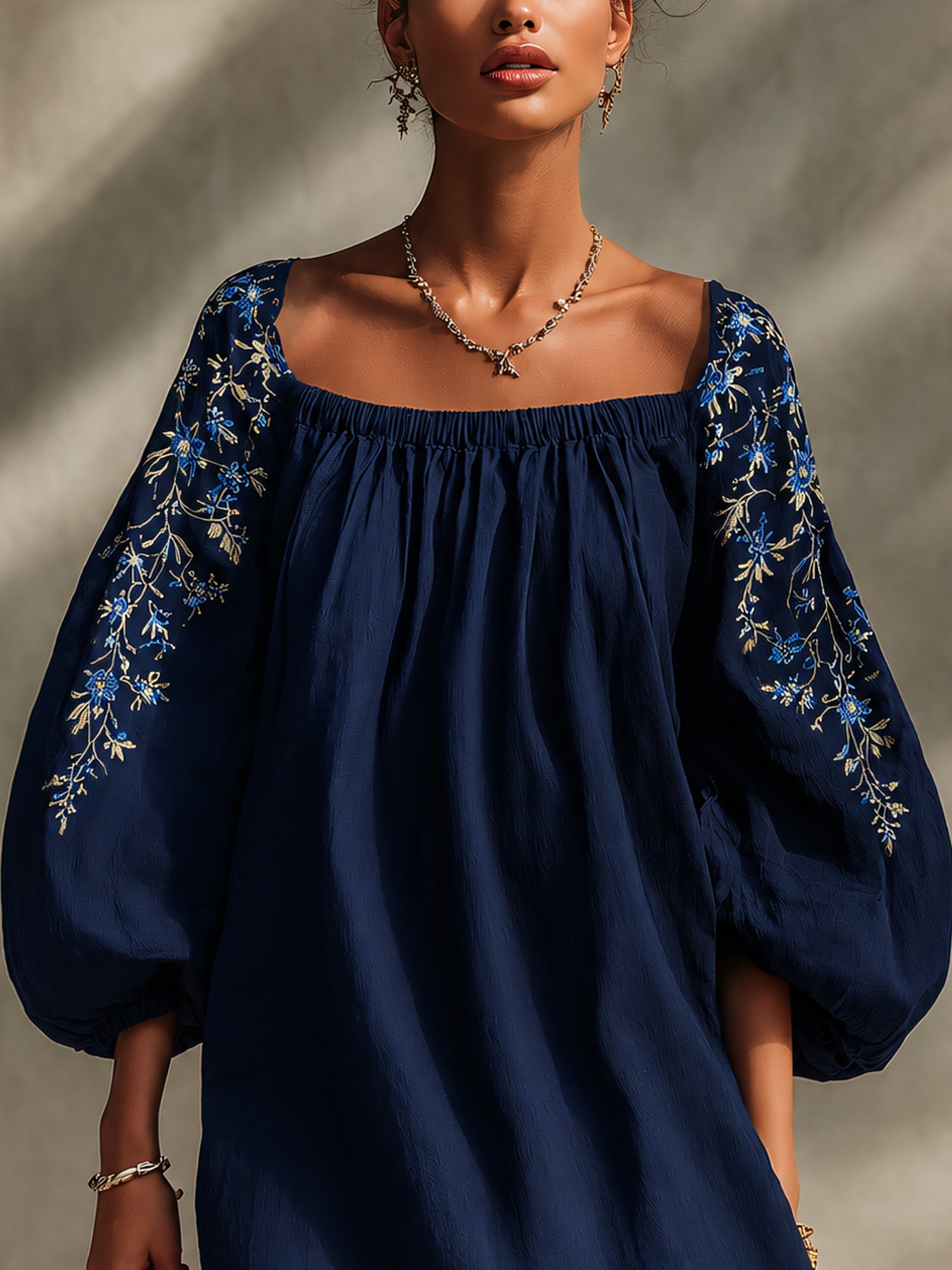 Navy Blue Embroidered Floral Puff Sleeve Mini Dress