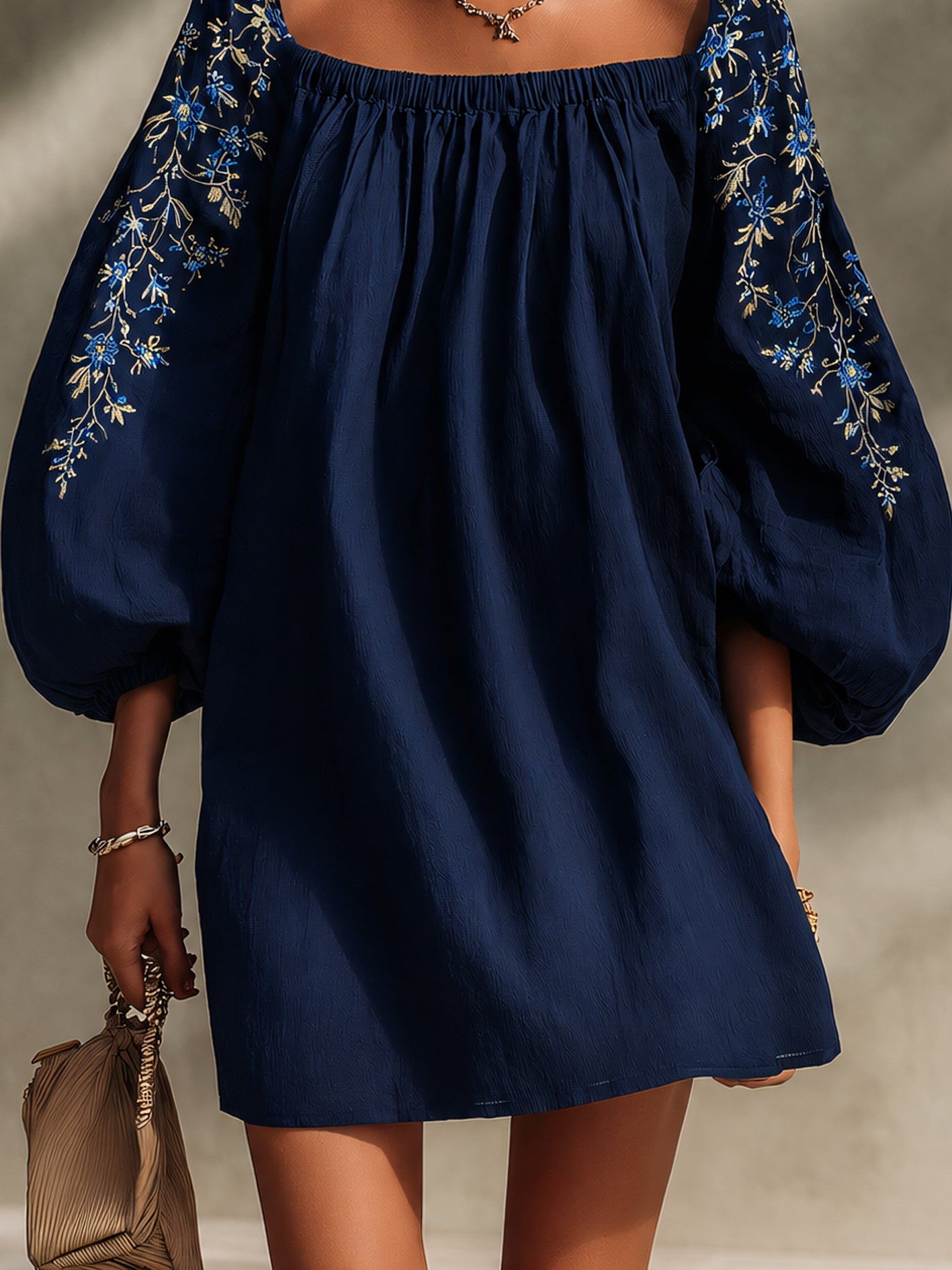 Navy Blue Embroidered Floral Puff Sleeve Mini Dress