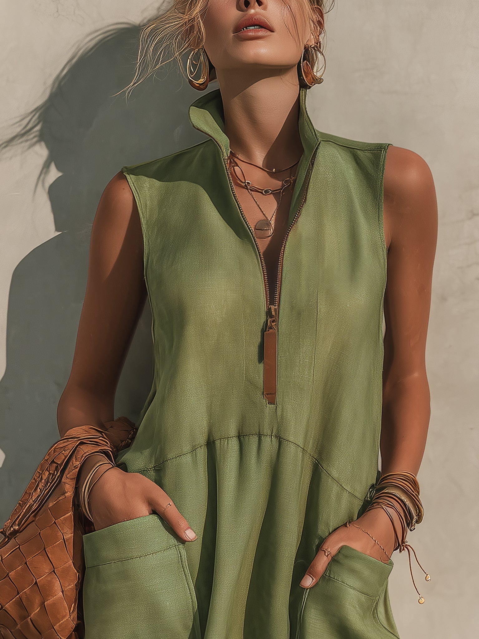 Olive Green Half-zip Sleeveless Lace-trimmed Mini Dress