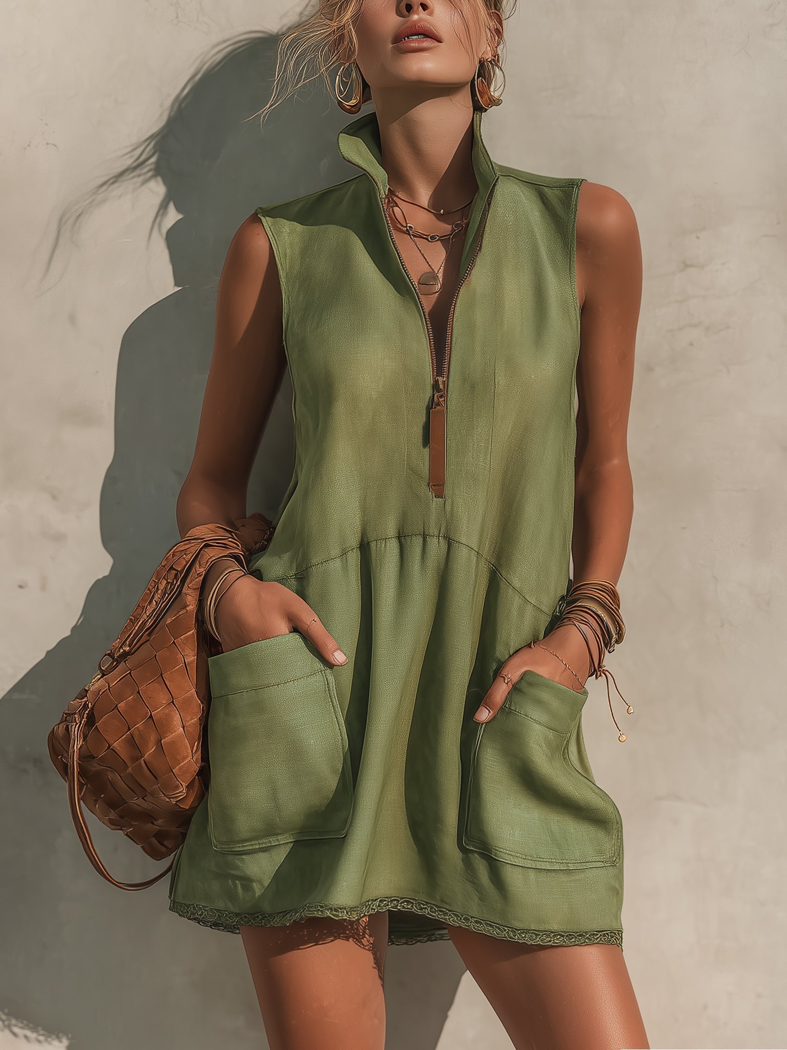 Olive Green Half-zip Sleeveless Lace-trimmed Mini Dress