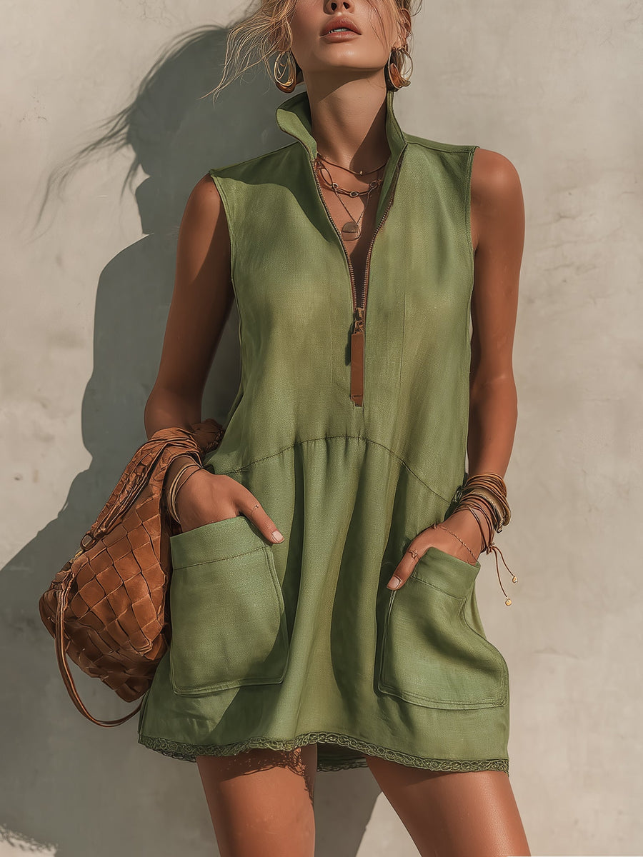 Olive Green Half-zip Sleeveless Lace-trimmed Mini Dress