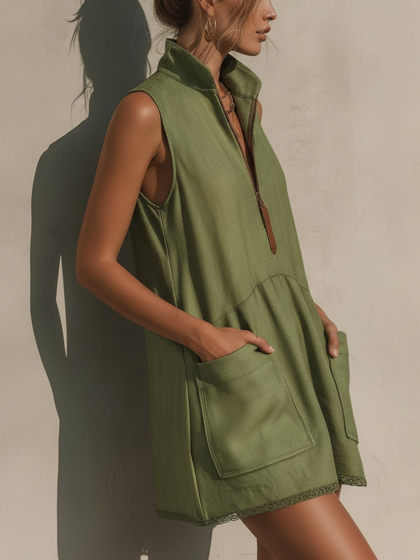 Olive Green Half-zip Sleeveless Lace-trimmed Mini Dress