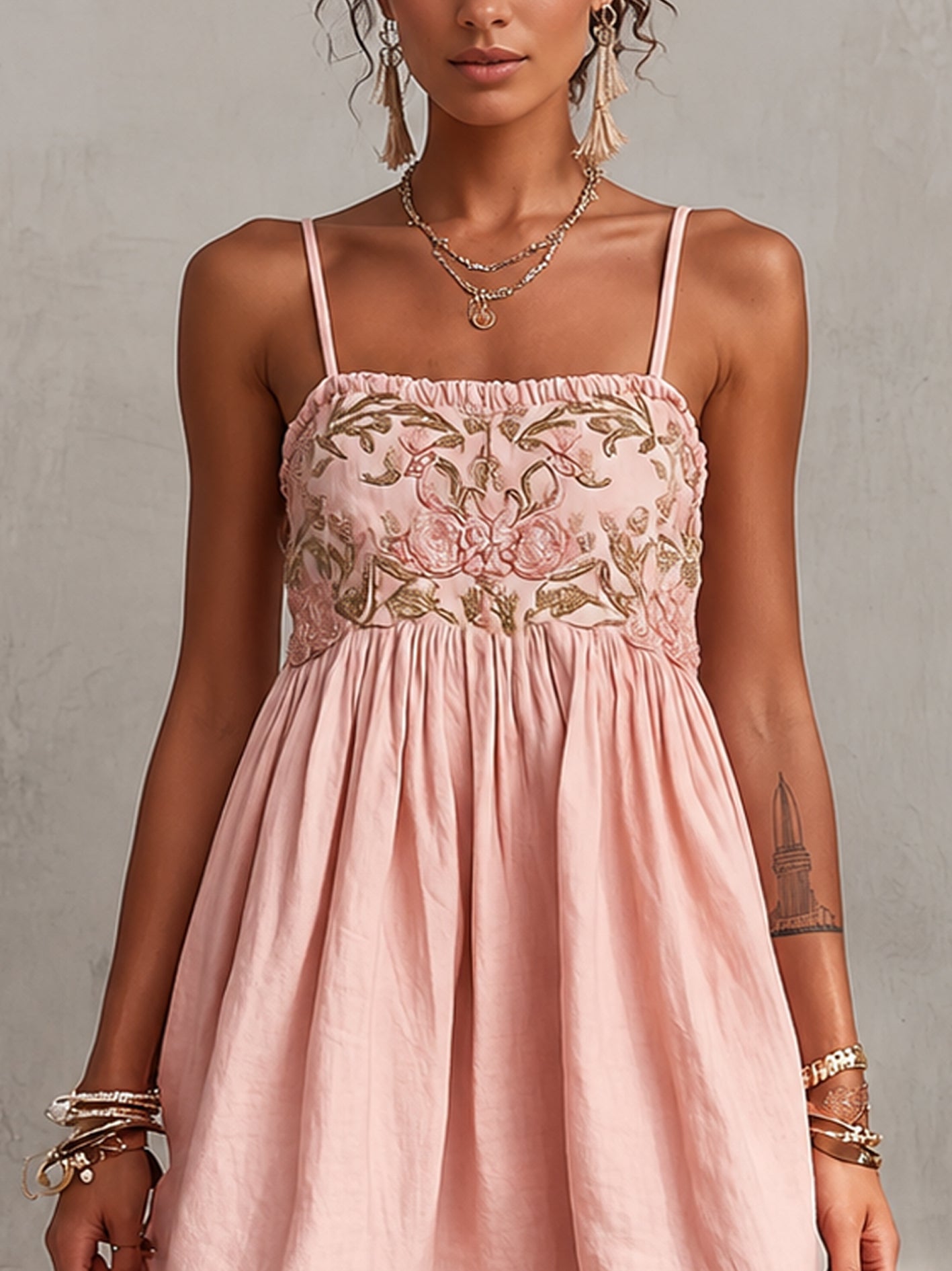 Pink Floral Embroidered Spaghetti Strap Mini Dress