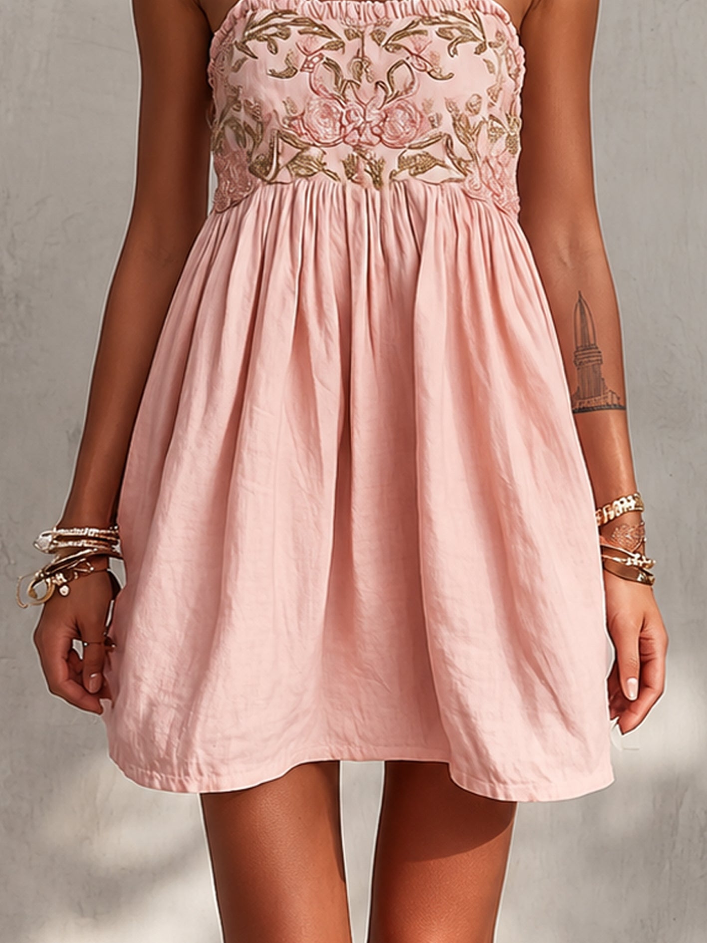 Pink Floral Embroidered Spaghetti Strap Mini Dress