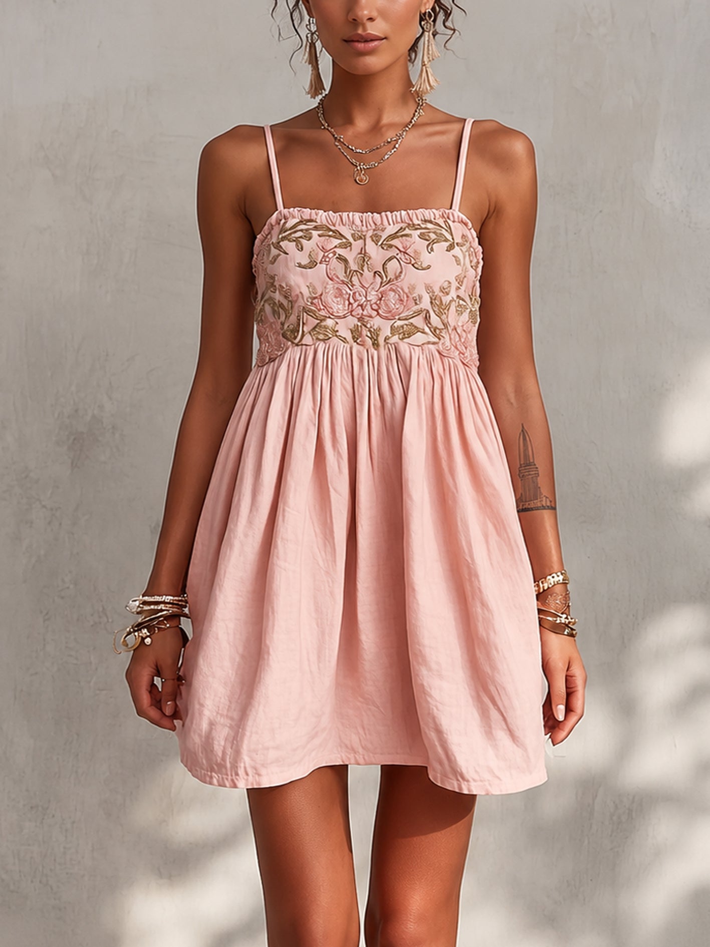 Pink Floral Embroidered Spaghetti Strap Mini Dress