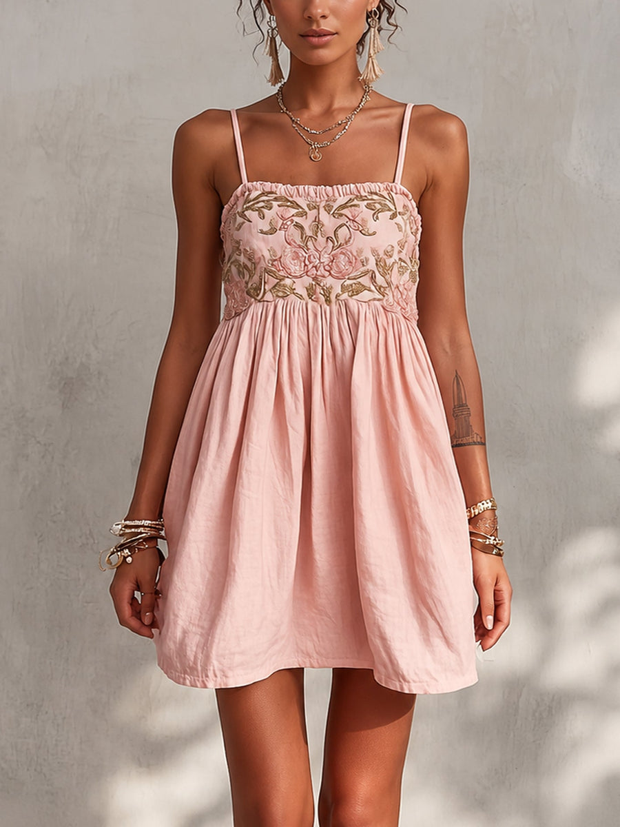 Pink Floral Embroidered Spaghetti Strap Mini Dress