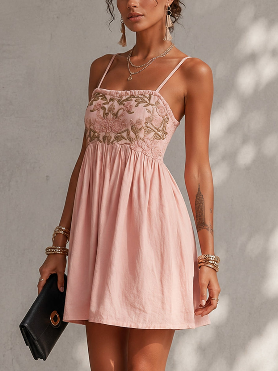 Pink Floral Embroidered Spaghetti Strap Mini Dress