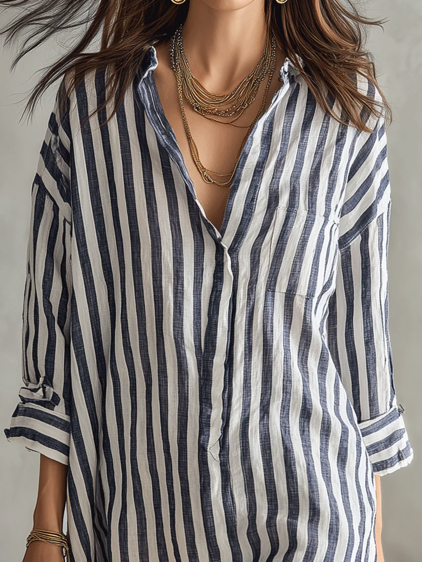 Classic Blue And White Striped Loose-fitting Shirt Mini Dress