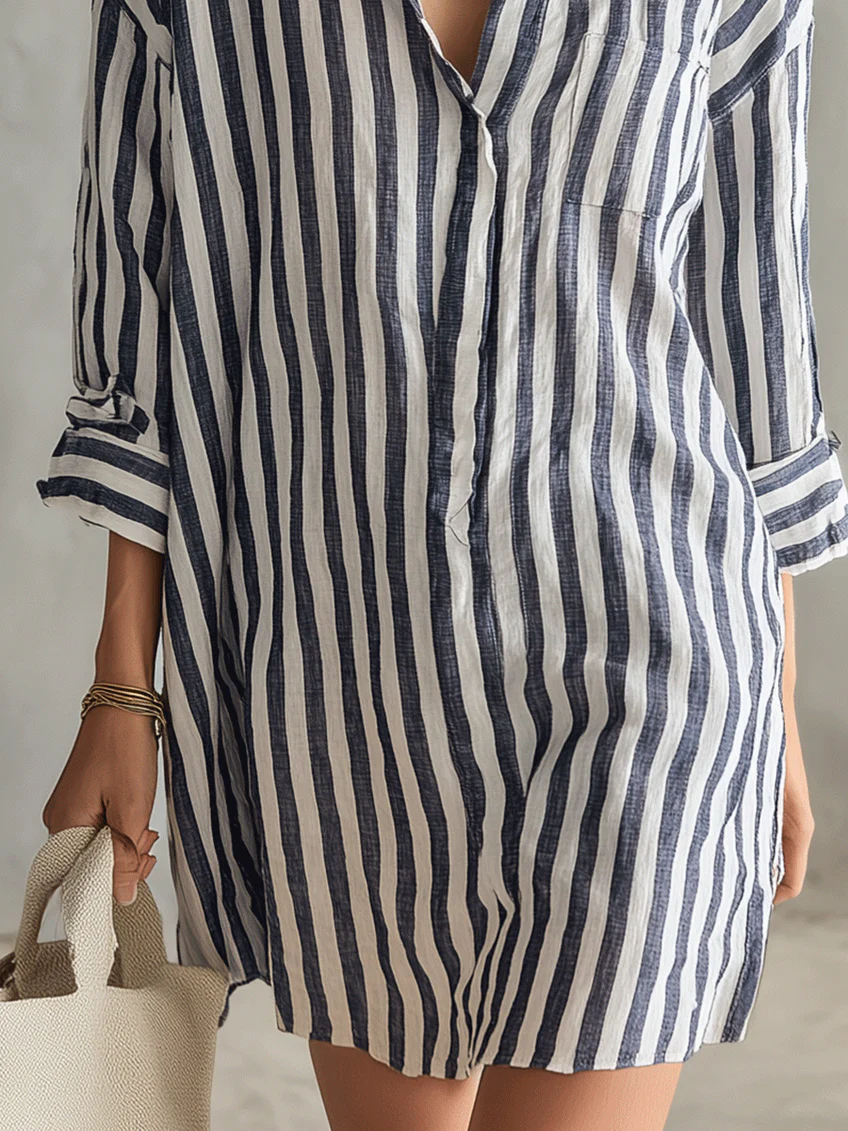 Classic Blue And White Striped Loose-fitting Shirt Mini Dress