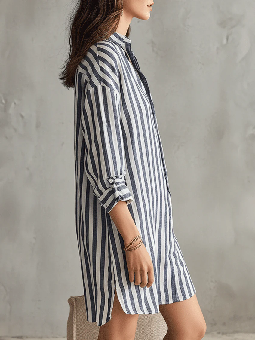 Classic Blue And White Striped Loose-fitting Shirt Mini Dress