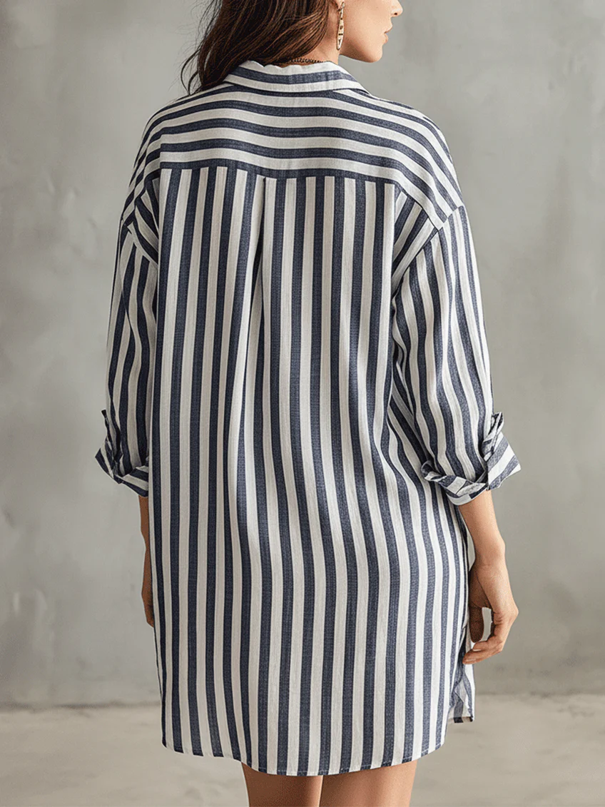 Classic Blue And White Striped Loose-fitting Shirt Mini Dress