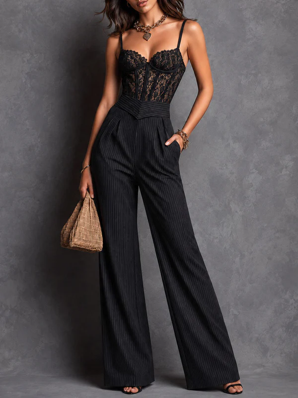 Black Pinstriped Lace Belted Wide-leg Spaghetti Strap Jumpsuit