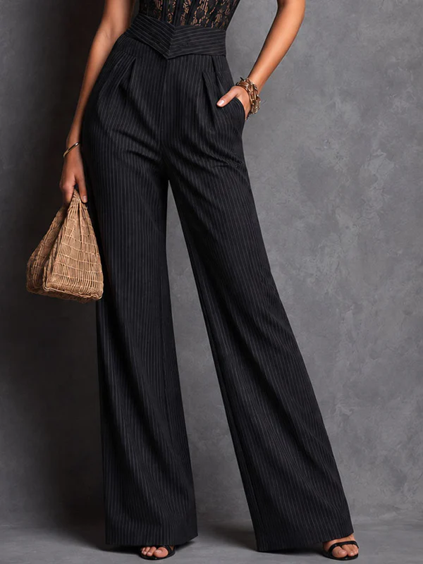 Black Pinstriped Lace Belted Wide-leg Spaghetti Strap Jumpsuit