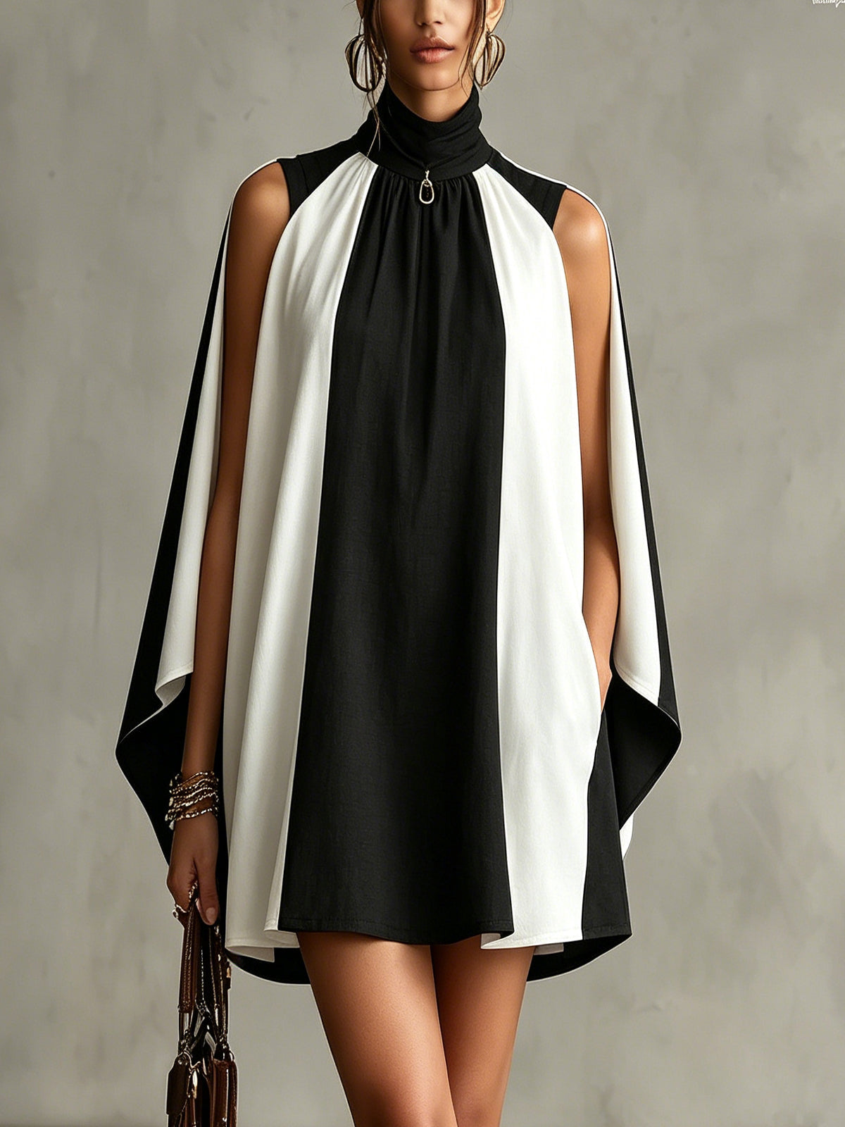 Black And White Turtleneck Cape Mini Dress
