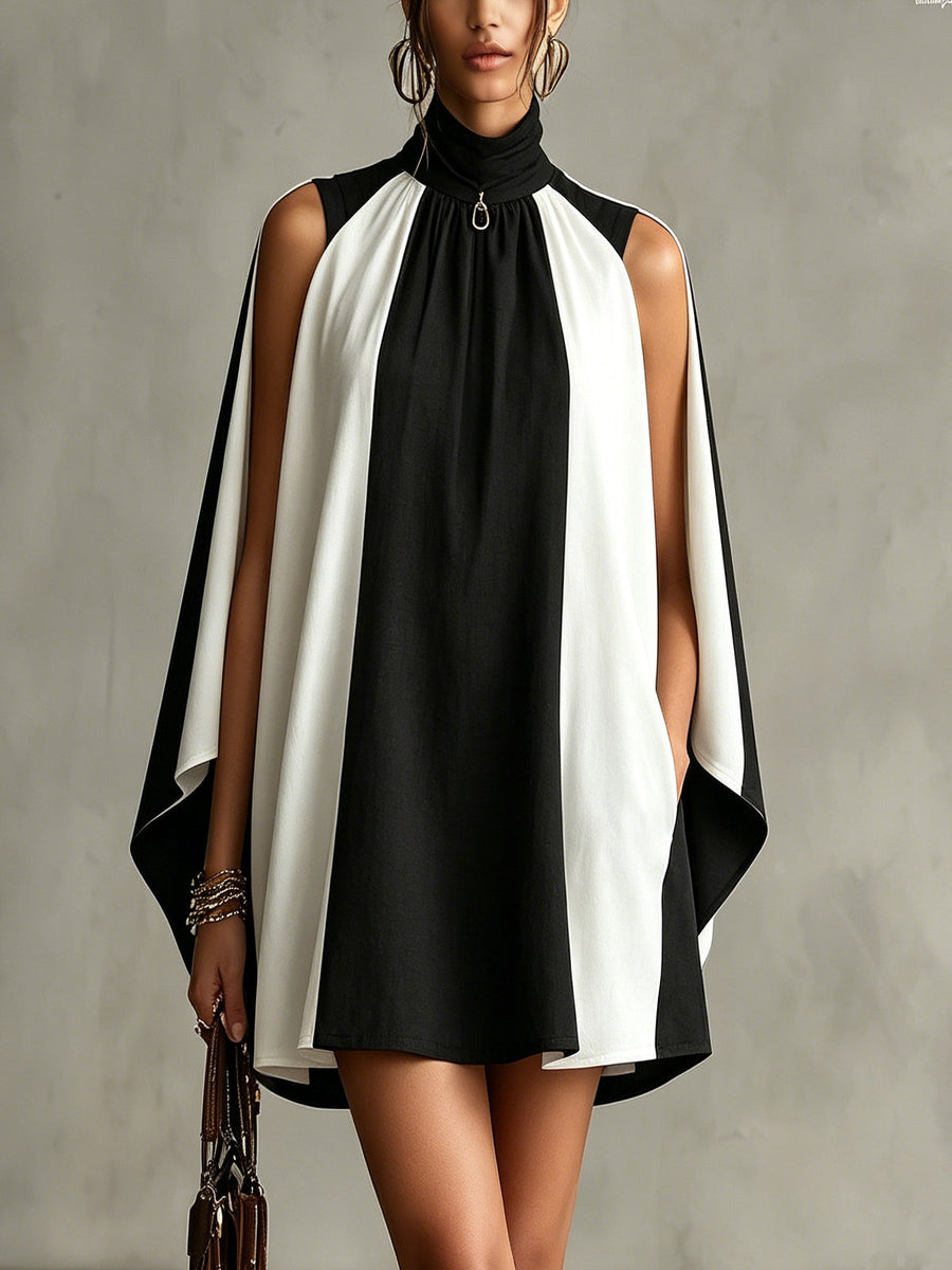 Black And White Turtleneck Cape Mini Dress