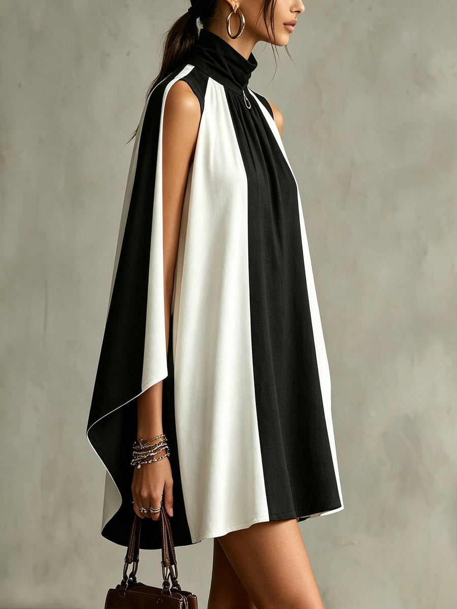 Black And White Turtleneck Cape Mini Dress