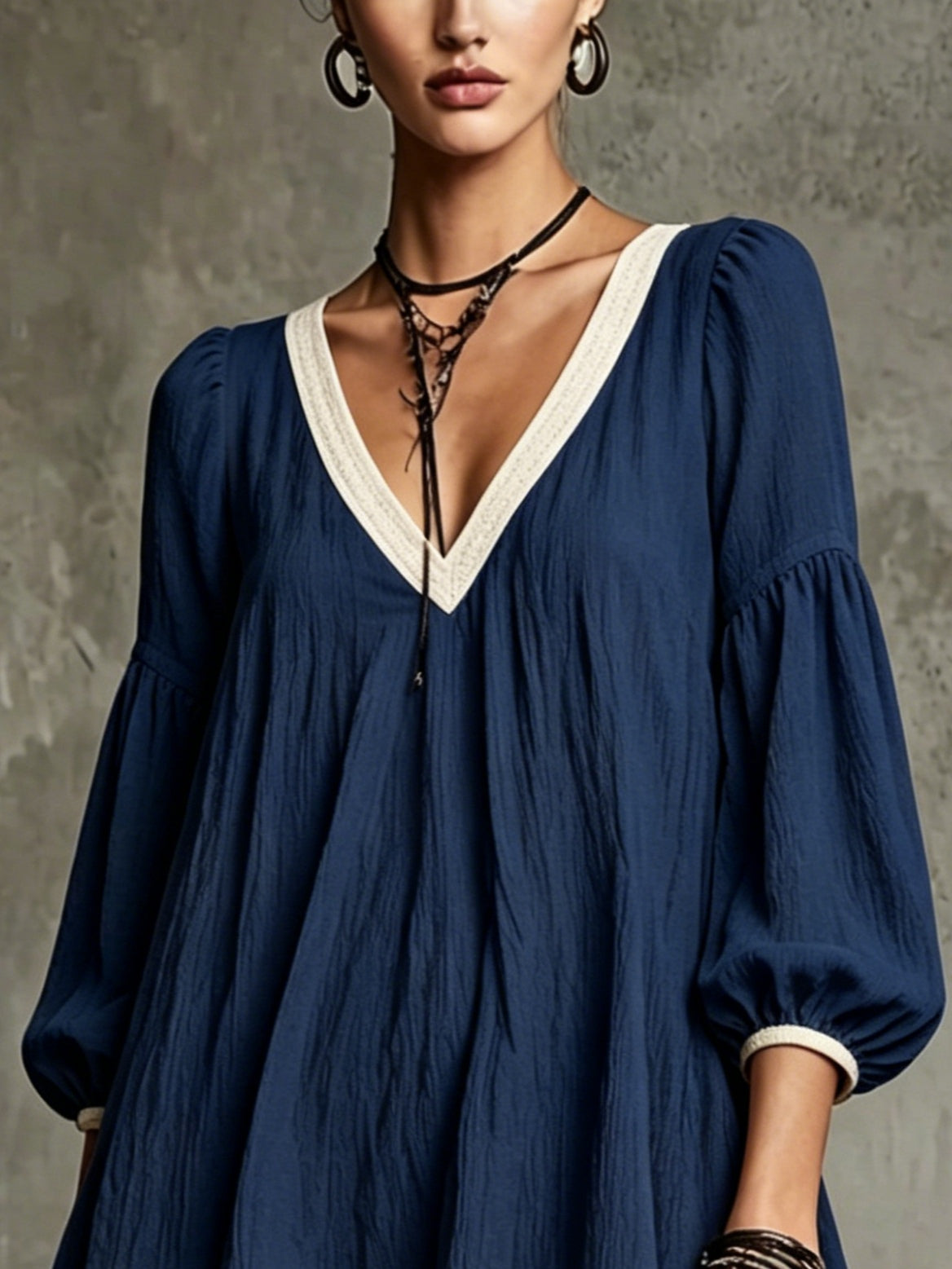 Navy Blue V-neck Off-whiteTrimmed Puff Sleeve Mini Dress