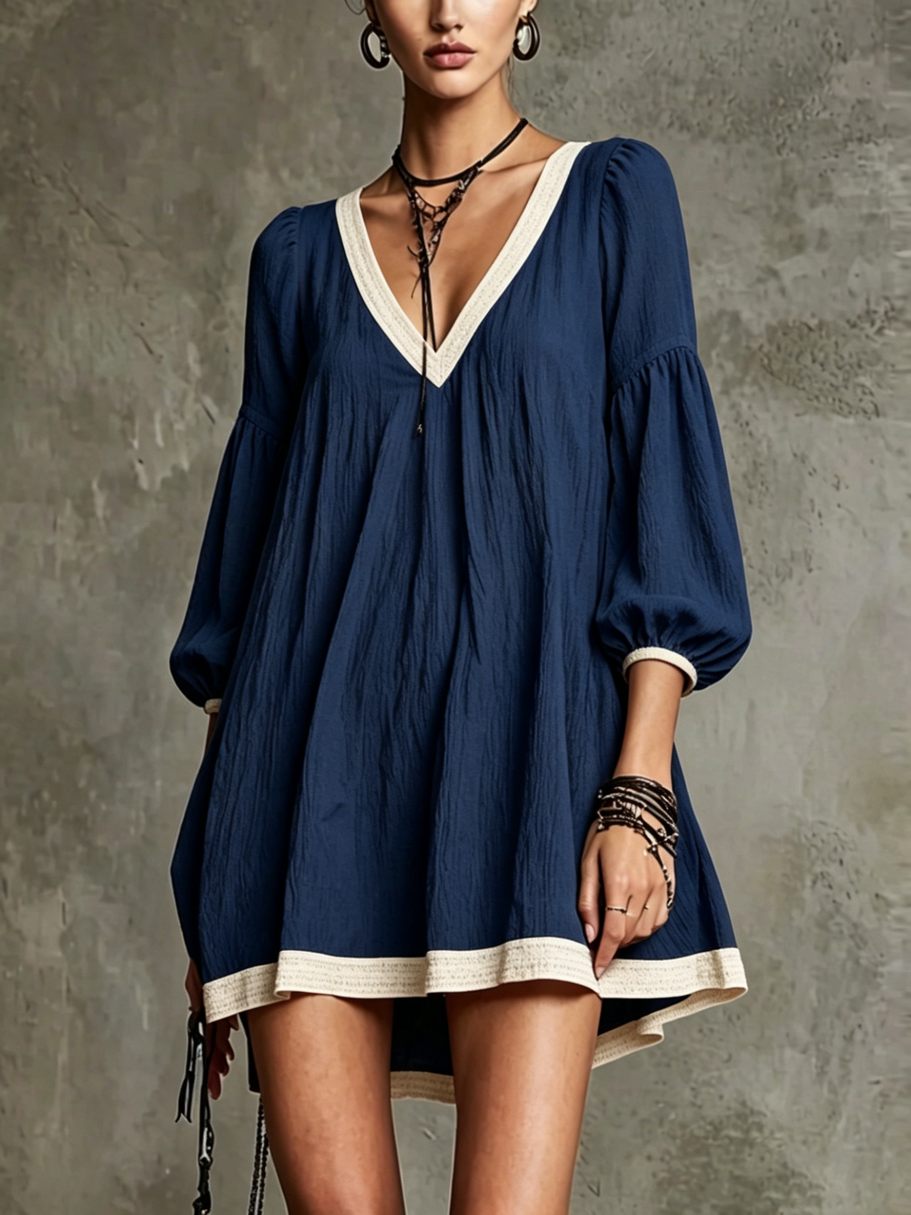 Navy Blue V-neck Off-whiteTrimmed Puff Sleeve Mini Dress