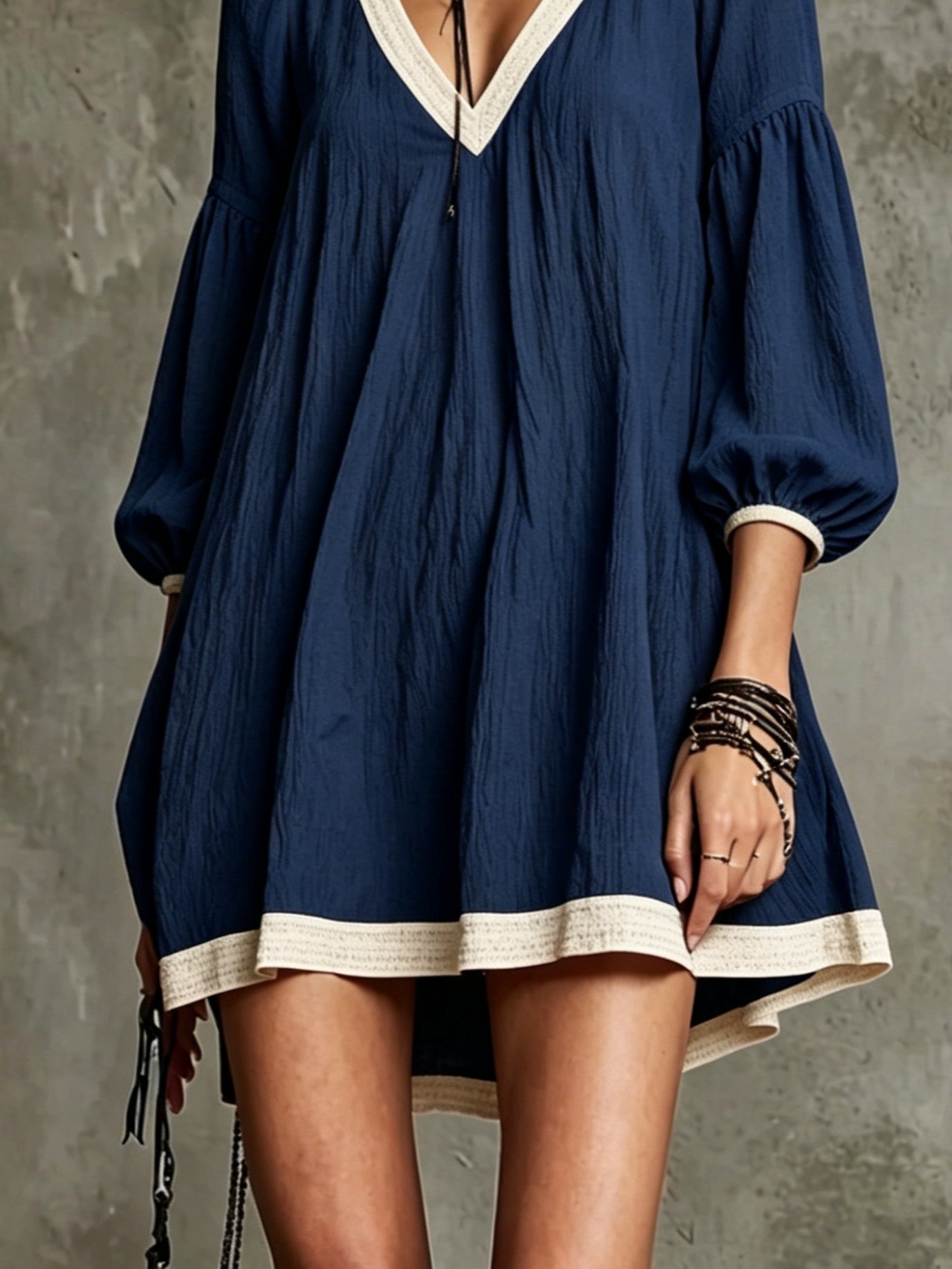 Navy Blue V-neck Off-whiteTrimmed Puff Sleeve Mini Dress