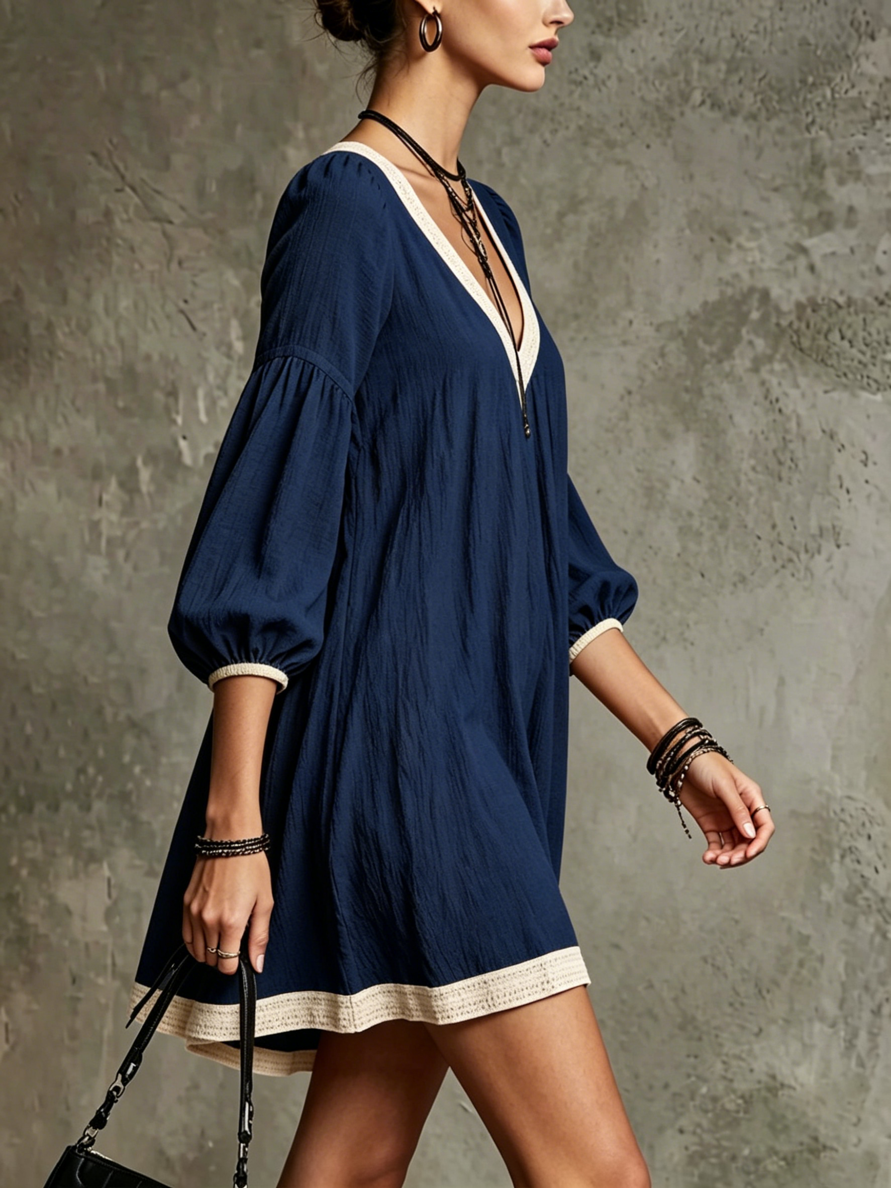 Navy Blue V-neck Off-whiteTrimmed Puff Sleeve Mini Dress