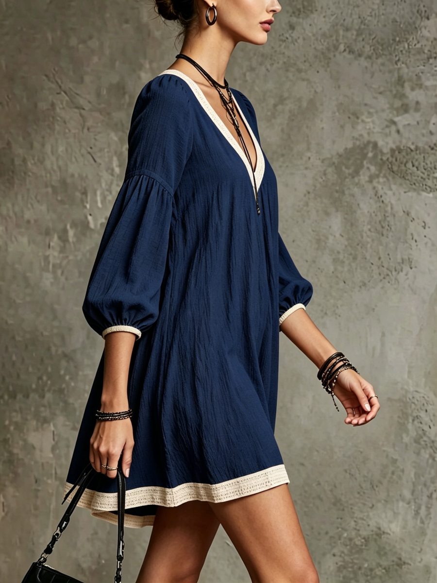 Navy Blue V-neck Off-whiteTrimmed Puff Sleeve Mini Dress