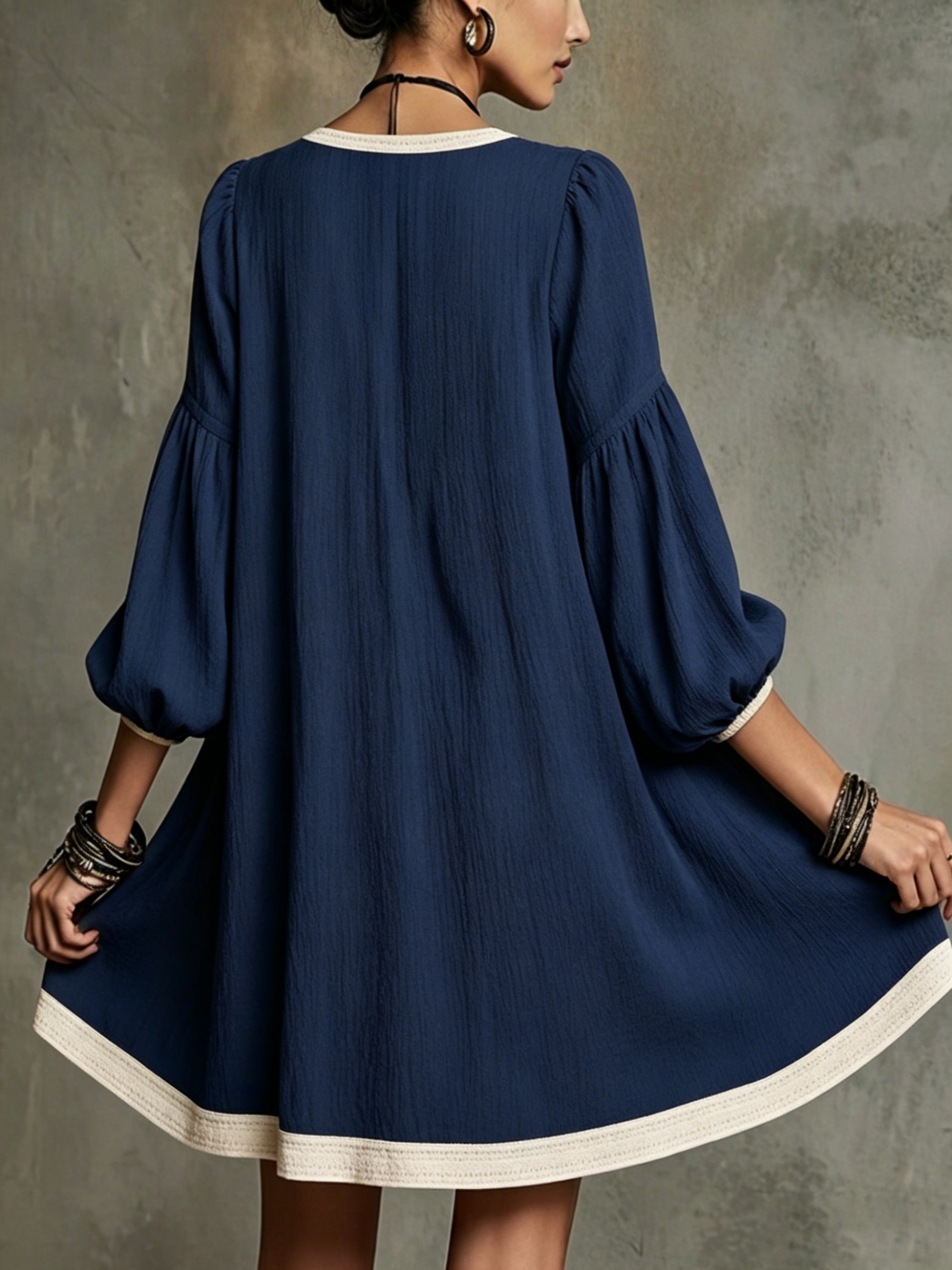 Navy Blue V-neck Off-whiteTrimmed Puff Sleeve Mini Dress