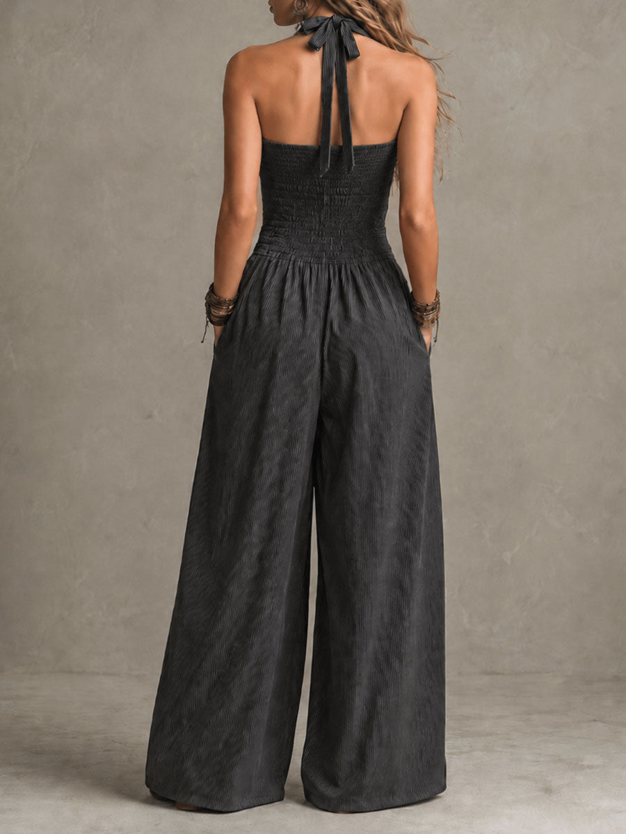 Boho Charcoal Crisscross Halter Pinstripe Wide-Leg Jumpsuit