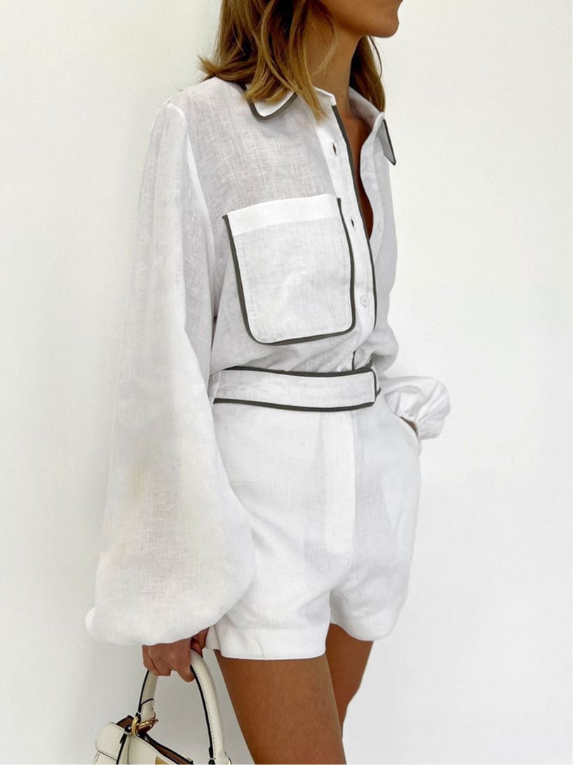 Black and White Contrast Cotton and Linen Shirt and Shorts Two-piece Set