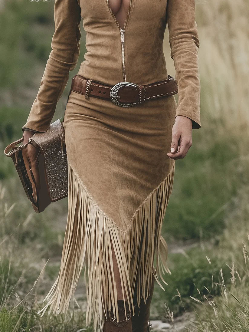 Vintage Western Lapel Zipper Tassel Midi Dress(Without belt)