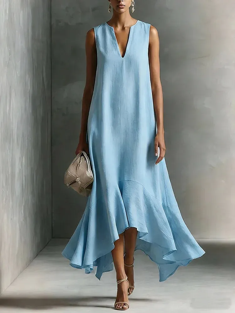 Green Faux Cotton-linen V-neck Sleeveless Maxi Dress