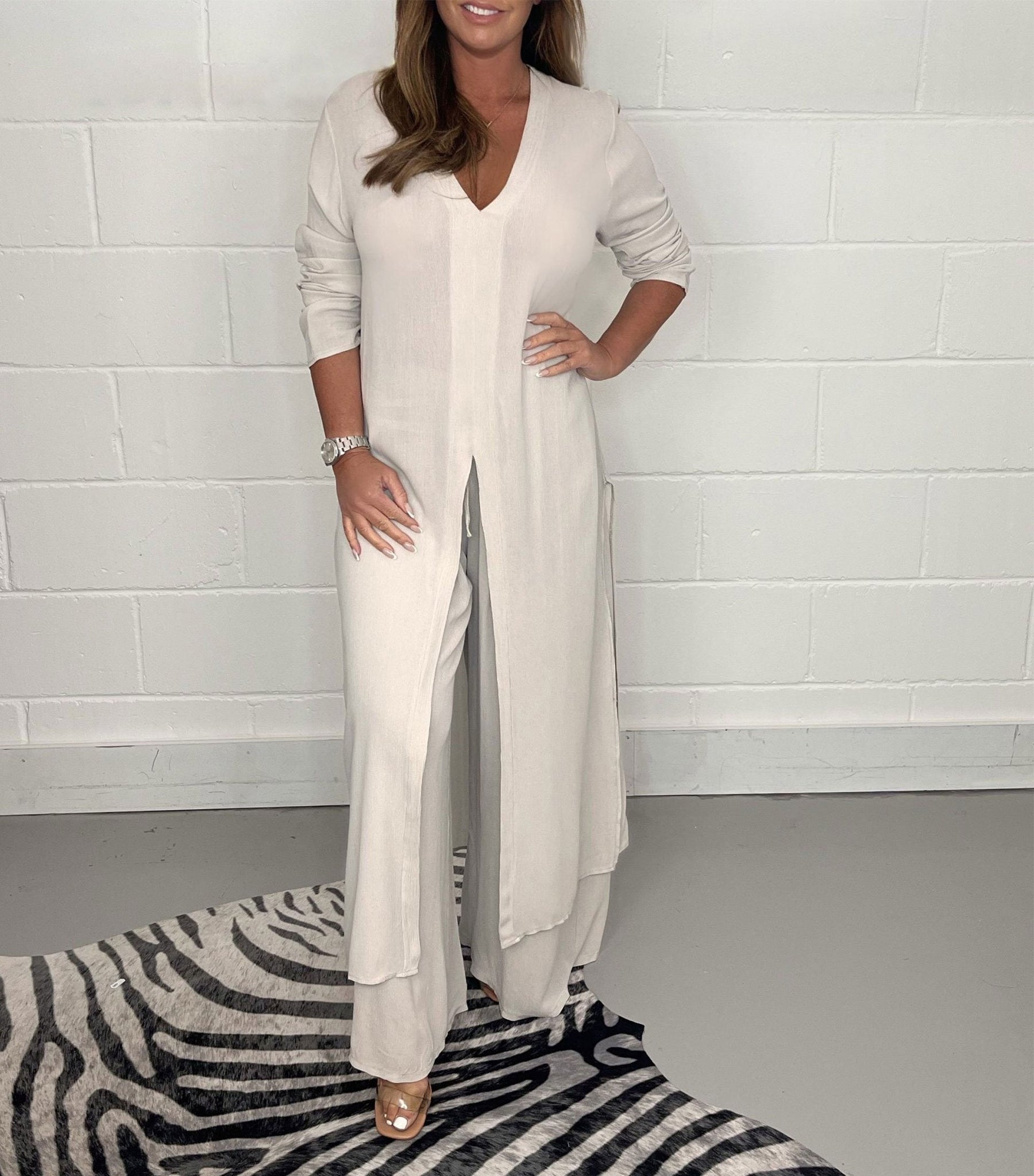 Two-piece Casual Long Top and Matching Pants Set
