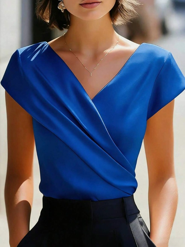 Elegant Satin Wrap V-Neck Short-Sleeve Shirt