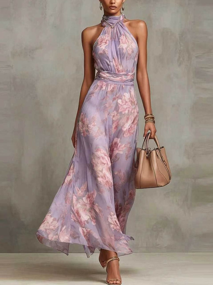 Green Floral Chiffon Halter Maxi Dress