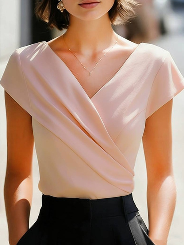 Elegant Satin Wrap V-Neck Short-Sleeve Shirt